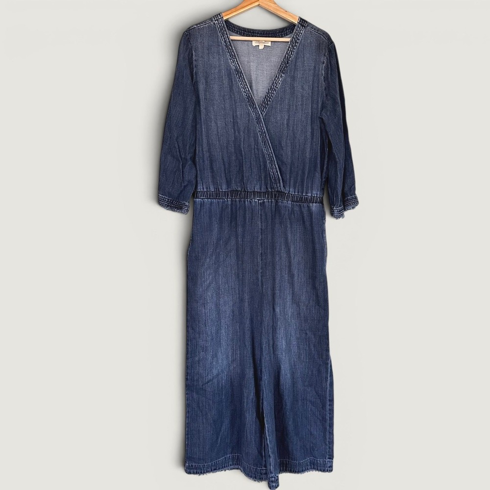 Cloth & Stone Denim V‑Neck Belted Jumpsuit Romper Elastic Waist Boho Wide Leg